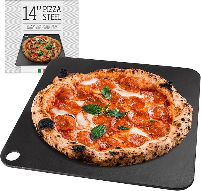IMPRESA Pizza Steel for Oven - 14 x 14 x 0.25 in Black Carbon Steel - Fast Heat Retention for Crispy Crust - Nonstick Surface with Pizza Stone & Pan Performance