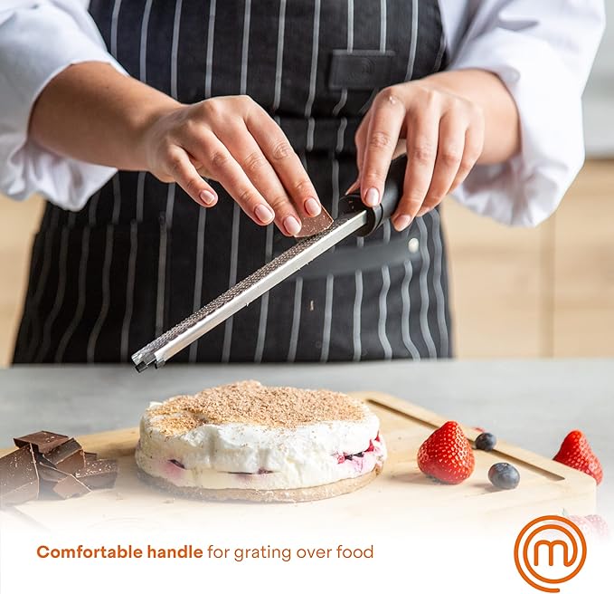 MasterChef Lemon Zester Grater with Handle, Kitchen Tool for Zesting Citrus Fruits & Finely Grating Parmesan Cheese, Garlic, Ginger, Coconut, Nutmeg, Wasabi, Chocolate etc, Stainless Steel, 12 inches