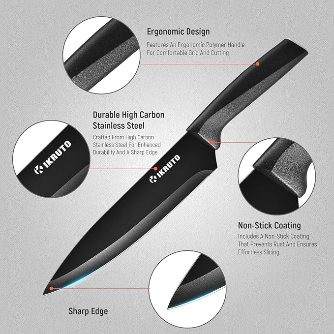 15-Piece Kitchen Knife Set with Block – Chef Knives, Utility Knives, Steak Knives, and Built-In Sharpener (Black and Gray)