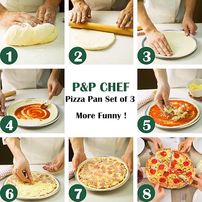 P&P CHEF 12 + 12 + 13.5 Inch Pizza Pan, 3 Pieces Stainless Steel Round Pizza Tray Dish Plate For Oven Baking Roasting, Healthy & Heavy Duty, Rust Free & Dishwasher Safe -Silver