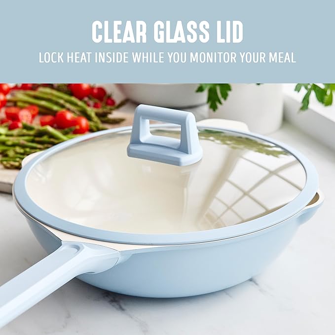 GreenLife Nonstick 12” (5QT) All in One Deep Skillet Wok with Lid, PFAS-Free Non-Toxic Ceramic Multi-Purpose Pan, Induction, All Stovetop, Egg, Stir Fry, Saute, Stay Cool Handle, Blue Haze