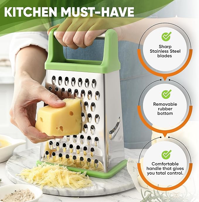 Spring Chef Green Professional Stainless Steel XL Parmesan Cheese Grater with Handle - 4 Sided Box Grater for Kitchen - Dishwasher Safe Food Shredder for Carrot, Potato, Vegetables, Ginger, Hash Brown