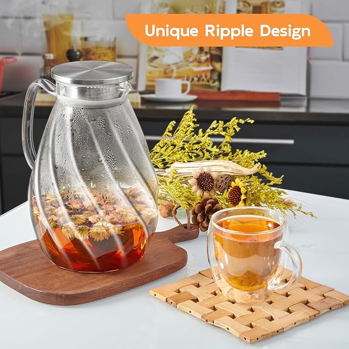 DRASTAR Glass Pitcher with Lid, 2.2L Water Pitcher, 74oz Tea Pitcher for Drinks, Borosilicate Glass Water Jug Cold Or Hot Beverages, Lemonade Pitcher, Glass Water Carafe With Lid