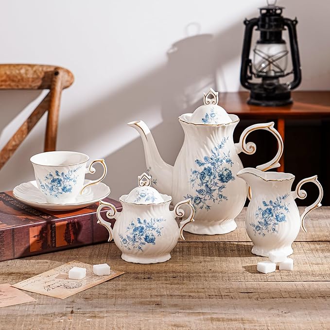 Sugar and Creamer Set Ceramic, Creamer Pitcher and Sugar Bowl with Lid,Sugar Cube Dish Coffee or Tea (White with blue flower)
