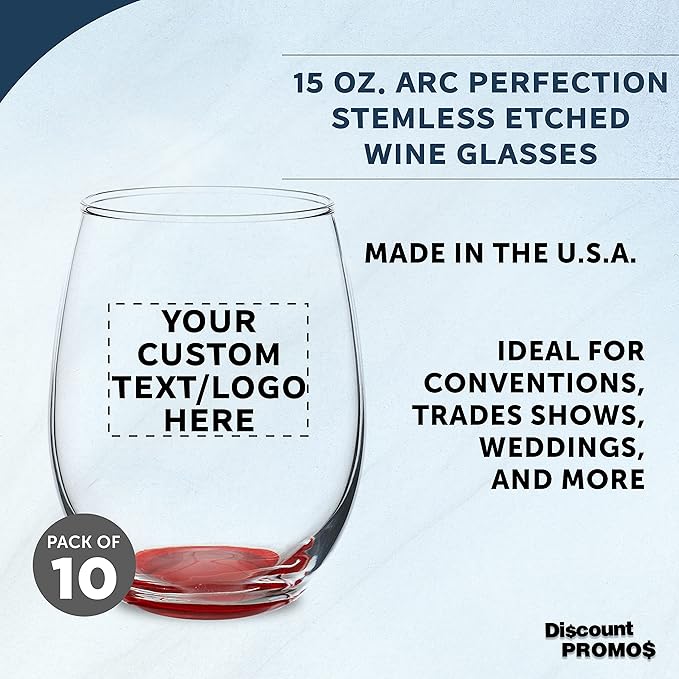 Custom Stemless Wine Glasses in Bulk by ARC Perfection, 15 oz, 10 pack, Personalized Text, Logo, Red or White Wine Glass Set, Red