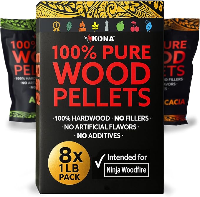 Kona Premium BBQ Wood Pellets Offer high BTU, Clean-Burning, Low-ash, and Low-Moisture for Great Flavor. No Soaking Needed. Includes 8 Varieties. Use 1/3-1/2 Cup per Session for Hours of Smoking.