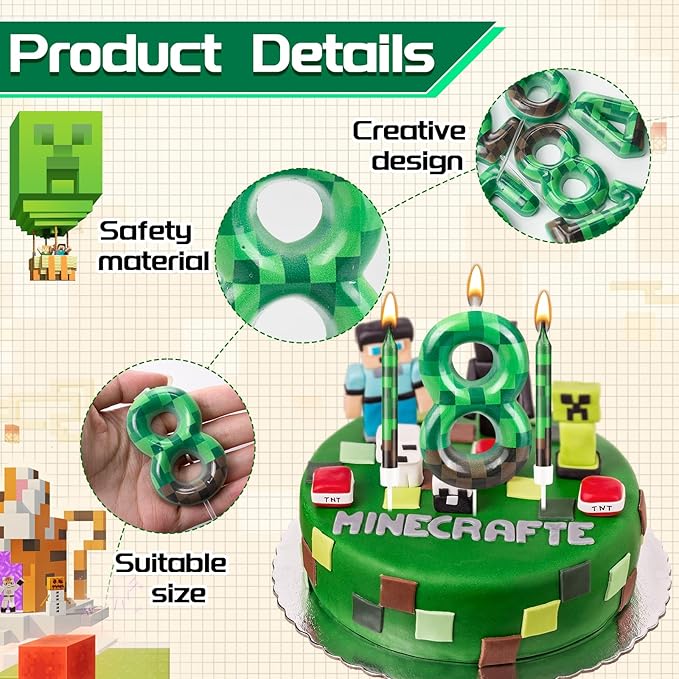 13 Pcs Dynamite Candles 12 TNT Themed Birthday Cake Candles and Number 8 Candle Cake Topper for Pixel Theme Birthday Party Anniversary Party Dynamite Theme Party Video Game Party Supplies (Number 8)