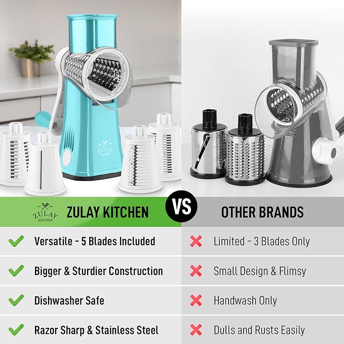 Zulay Kitchen Rotary Cheese Grater 5 Blade Cheese Shredder - Manual Hand Crank Cheese Grater With Reinforced Suction & 5 Interchangeable Drums - Easy to Use, Vegetable Chopper Round Mandoline Slicer