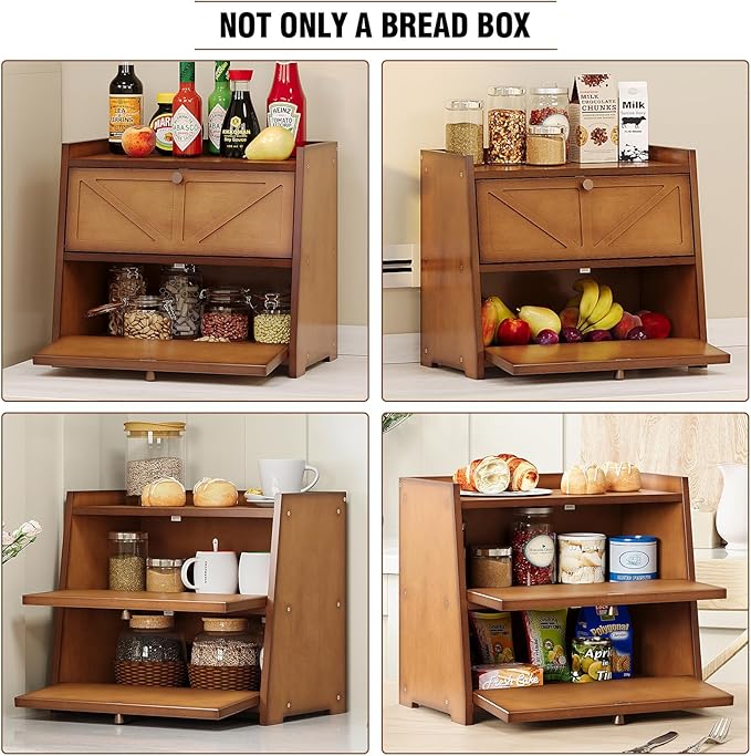 Vintage Double Layer Bread Box for Kitchen Counter Bamboo Bread Storage Container Large Capacity Bread Storage Bin