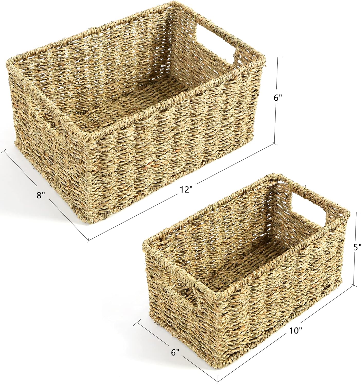 HOONEX Wicker Baskets for Storage, Seagrass Baskets with Dual Handles, Woven Baskets for Shelves, Set of 2, Natural