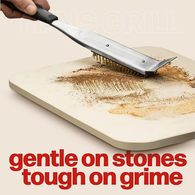 Hans Grill Cleaning Brush and Scraper for Pizza Stone/Oven | 17” 2-in-1 Tool with Non Scratch Heat Proof Brass Bristles and Stainless Steel Scraper | Heat Resistant Brush Head and Handle