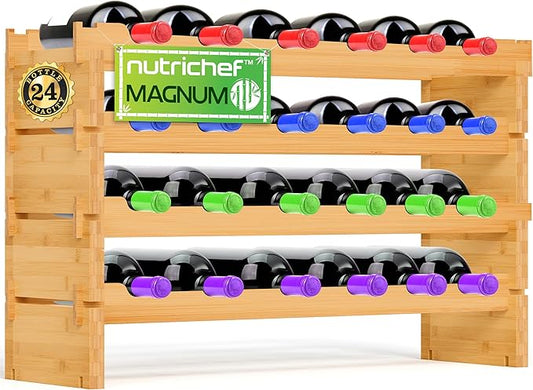 4 - Tier 24 Bottle Bamboo Stackable Wine Rack - Wobble-Free Modular Liquor Display Shelves, Compatible for Magnum Size Bottles | Can Hold up to 220.5 lbs (Natural)