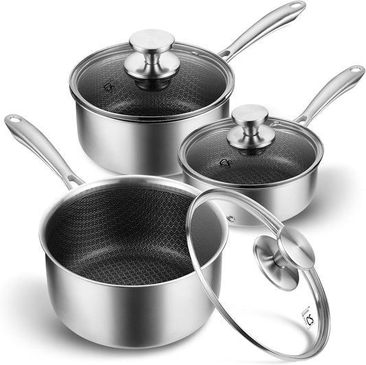 KOCH SYSTEME CS Hybrid Nonstick Stainless Steel Saucepan Set, 6-Piece Triply Stainless Steel Saucepan Set with Hybrid Honeycomb Interior, 1QT & 2QT & 3QT Sauce Pans, Induction Ready, Steel Pot Set