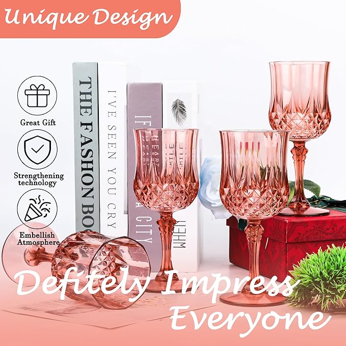 Plastic Wine Glasses，Plastic Goblets Vintage Style Cordial Drinking Glasses for Wedding Reception, Grand Event Party Supplies (12, Rose Gold)