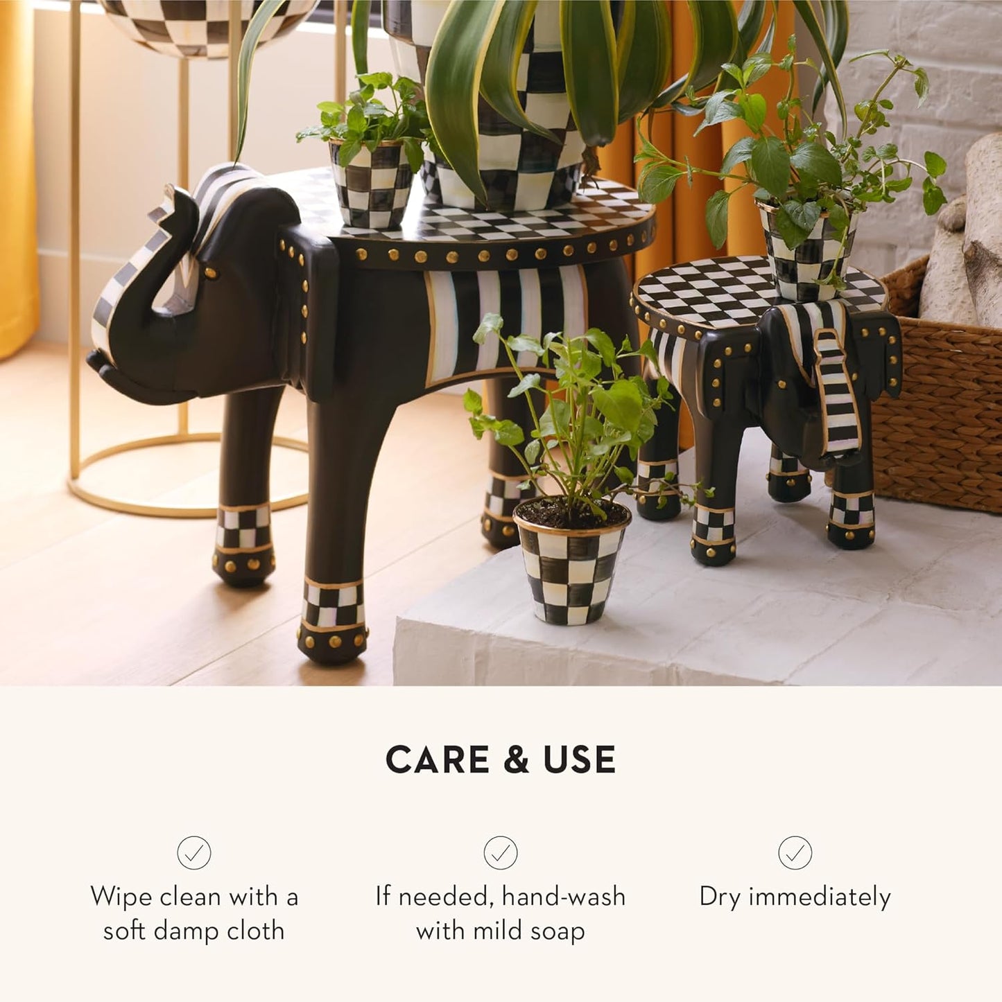 MACKENZIE-CHILDS Enamel Herb Pots, Small Plant Pots for Herbs or Flowers, Set of 3, Black-and-White Courtly Check