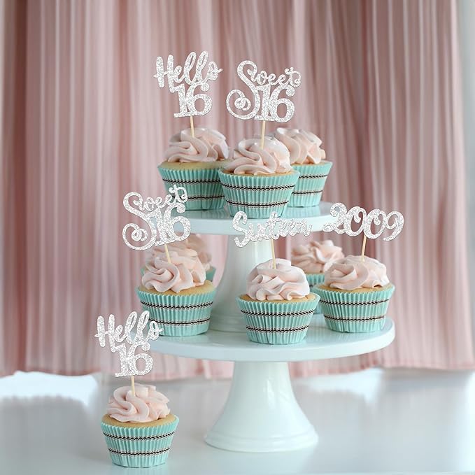 Gyufise 24Pcs 16th Birthday Cupcake Toppers Silver Glitter Hello 16 Sweet 16 Cupcake Picks 2009 16th Birthday Cake Decorations for Celebrating 16th Birthday Anniversary Party Supplies