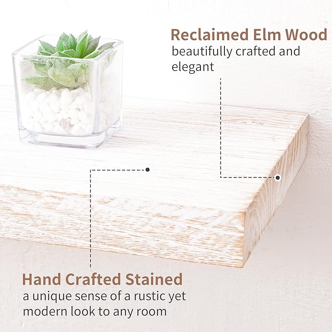 Rustic Elm Wood Floating Shelves - 72'' W x 8" D Wall Mounted Mantel Shelf with Invisible Bracket, Large Long Storage Shelves for Living Room, Bedroom, Kitchen, Bathroom, White Wash