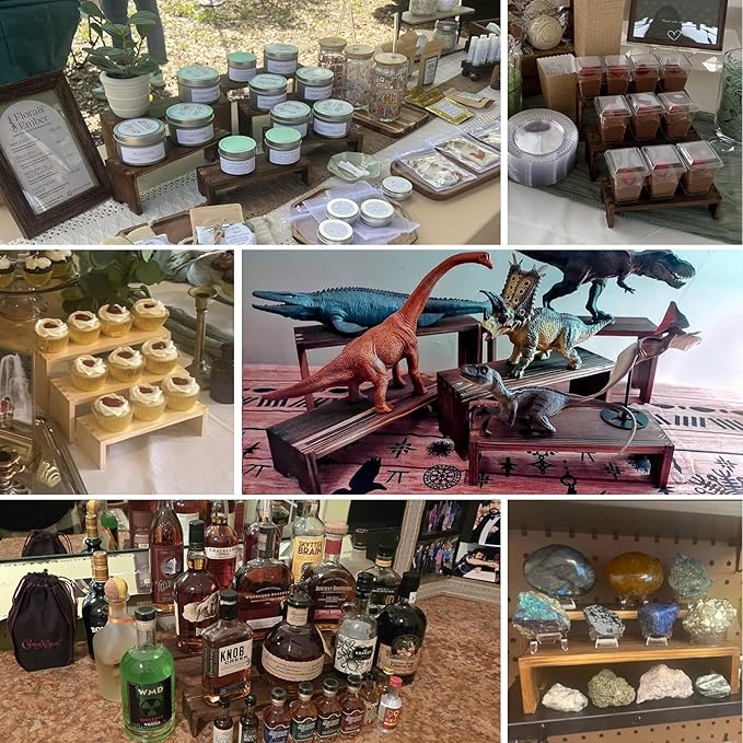 Large Display Wood Risers Wooden Stand 8 Tier Wood Racks Decorative Rectangular, 2 Set 8 Pieces Cupcake Stands Cologne Perfume Organizer Showcase Items(Brown)