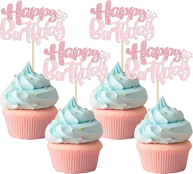 Ephlyn 24Pcs Pink Light Pink Happy Birthday Cupcake Toppers for Baby Shower, Kids Boys Girls Birthday Anniversary Party Cake Decorations