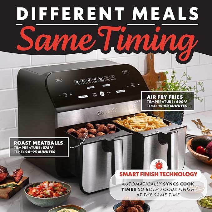 Gourmia Dual Basket Digital Air Fryer – 10 QT, FryForce 360° Technology, 7 Presets, Match Cook & Smart Finish, PTOA-Free Baskets & Crisper Trays, 1600W, Black