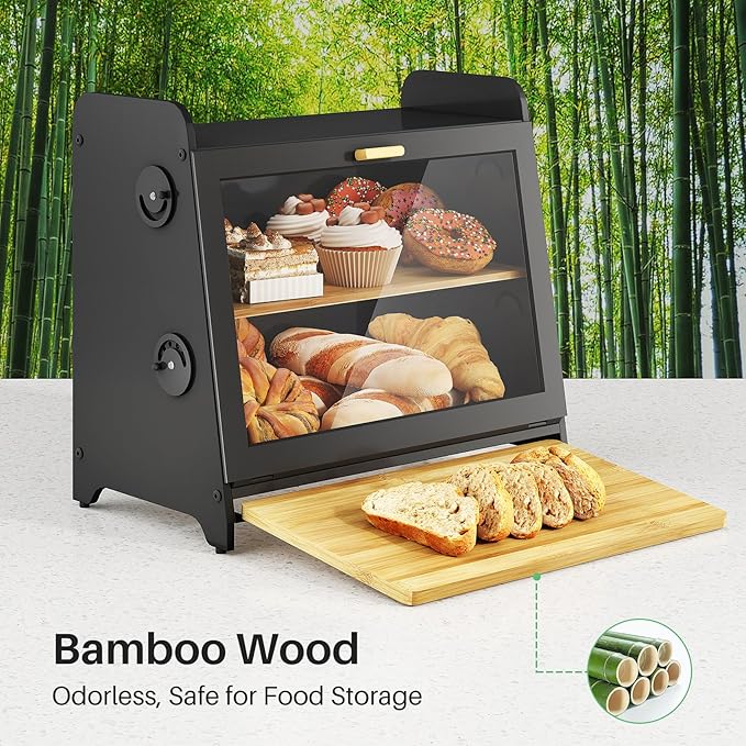 SNTD Bread Box, Wooden Bread Storage Container for Kitchen Countertop with Bamboo Cutting Board, Black (L)