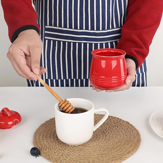 HAOTOP Ceramic Honey pot with Lid and Honey Dipper,Porcelain Honey Jar Easy to Clean and Dishwasher Safe,12oz (Red)