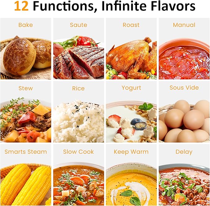 Sunvivi 8 Quart Slow Cooker Roaster Oven, 12 in 1 programmable Multi-Cooker Food Warmer with Digital Timer, Temp Control, Removable Cast Aluminum Pot & Dishwasher-Safe Tempered Glass Lid, Stainless