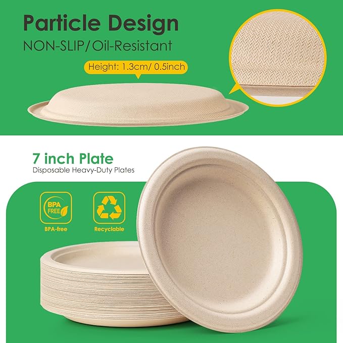 Gezond 100% Compostable Paper Plates 7 Inch, 150pcs Disposable Heavy-Duty Plates Unbleached Biodegradable Plate Made of Sugarcane Fiber