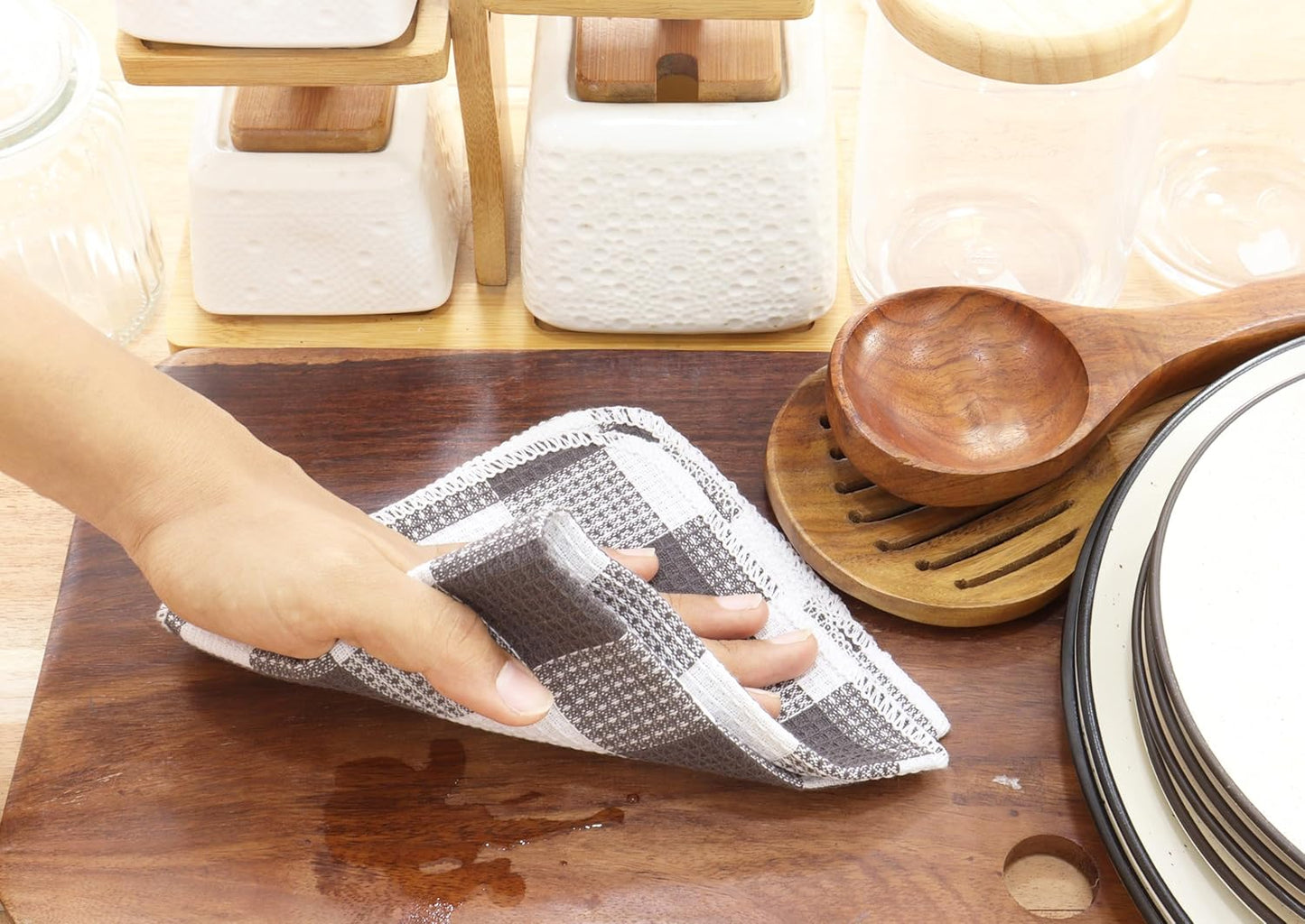 Waffle Weave Plaid Dish Cloths, 100% Cotton - 12 x 12 Inches, Ultra Soft Absorbent Quick Drying Dish Towels Buffalo Check Dish Rags for Kitchen, 8 Pack - Spring Summer - Steel Grey & White