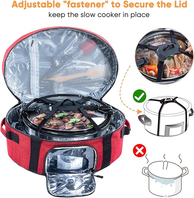 Insulated Slow Cooker Carrying Bag for 6-8 Quart CrockPot and Hamilton Beach Slow Cooker with See-thought Window, Portable Carrier Case with Adjustable Band and Accessory Pocket