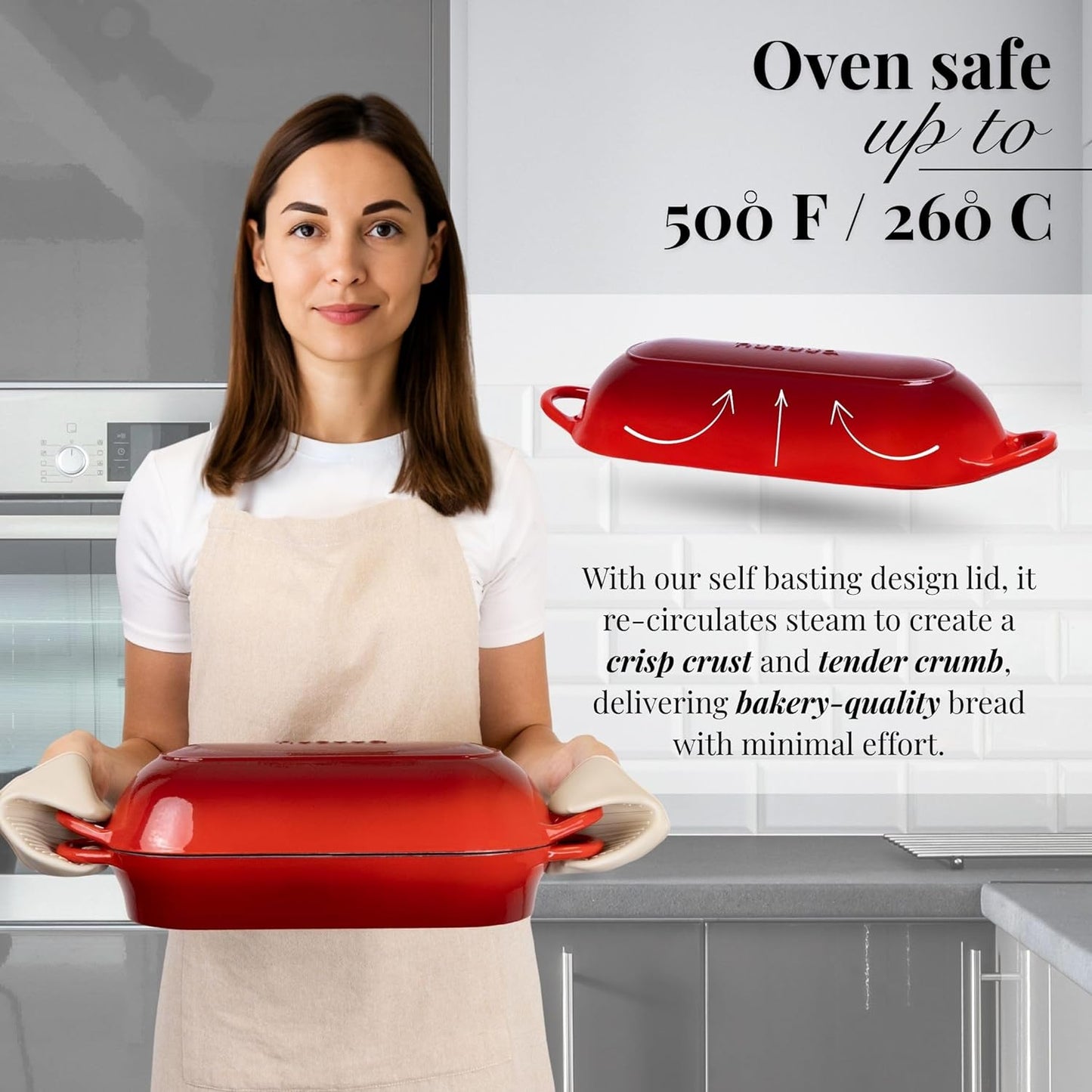 Enamelled Cast Iron Bread Loaf Pot – Dutch Oven For Sourdough Bread Baking – Oven Safe Non Stick Bread Pot – Rectangular, Red, 34cm x 16cm – by Nuovva