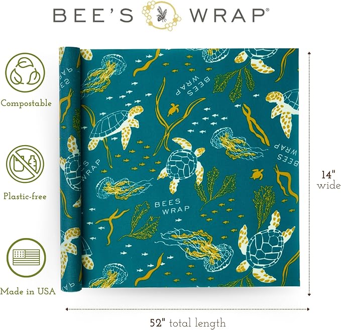 Bee's Wrap Beeswax Wraps for Food - Ocean Cut to Size 14x52" Wax Paper Roll - Made in USA Reusable Waxed Paper & Bowl Covers - Organic & Eco-Friendly Alternative to Aluminum Foil & Plastic Wrap