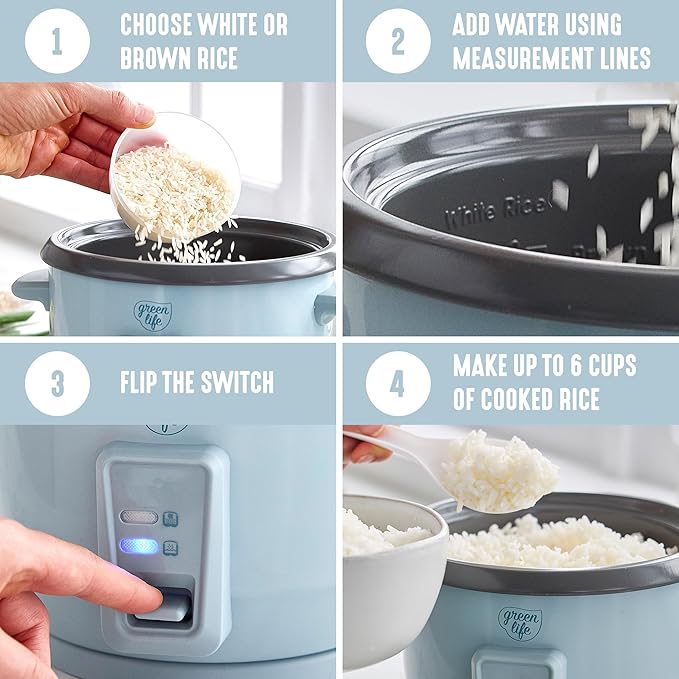 GreenLife Electric Rice Cooker, 3-Cups Uncooked/6-Cups Cooked, Removable PFAS-Free Nonstick Pot, One-Switch Design, Auto Keep Warm, Small Space Saving, Rice Paddle, Soup, Grains, Oatmeal, 1.5 QT, Blue