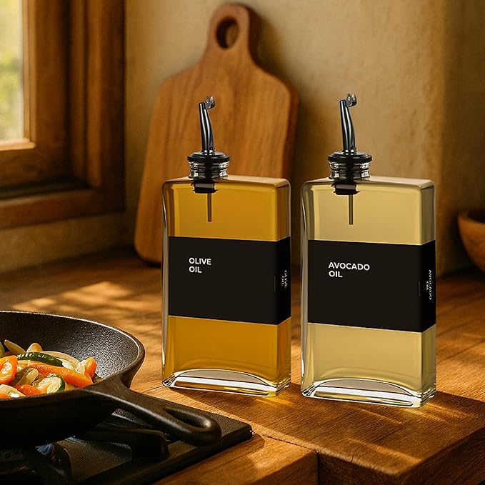 Olive Oil Dispenser Bottle - Includes 44 Kitchen Essential Labels - Cooking Oil Bottles for Kitchen, Coffee Syrup Dispenser - Pourer Spout with 11.8 fl oz Glass Container Cruet - 4pcs, Black