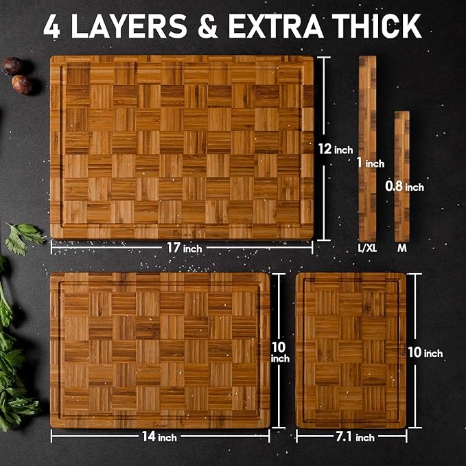 Kikcoin Extra Large Bamboo Cutting Boards, (Set of 3) Chopping Boards with Juice Groove Bamboo Wood Cutting Board Set Butcher Block for Kitchen, End Grain Serving Tray