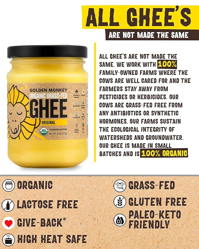 GOLDEN MONKEY Organic Ghee Butter – Grass Fed Clarified Butter for Cooking, Baking, Keto & Gut Health – Ghee Butter Organic Grass Fed from Small Farms – Smooth Spread with High Smoke Point (8oz)