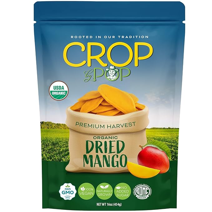 CROP BY POP - Organic Sun Dried Mango Slices, No Sugar Added, Unsulphured (16oz, 1 LB) Bulk Dry Fruits Packed Fresh in Resealable Bag - USDA Organic, Non GMO, Kosher
