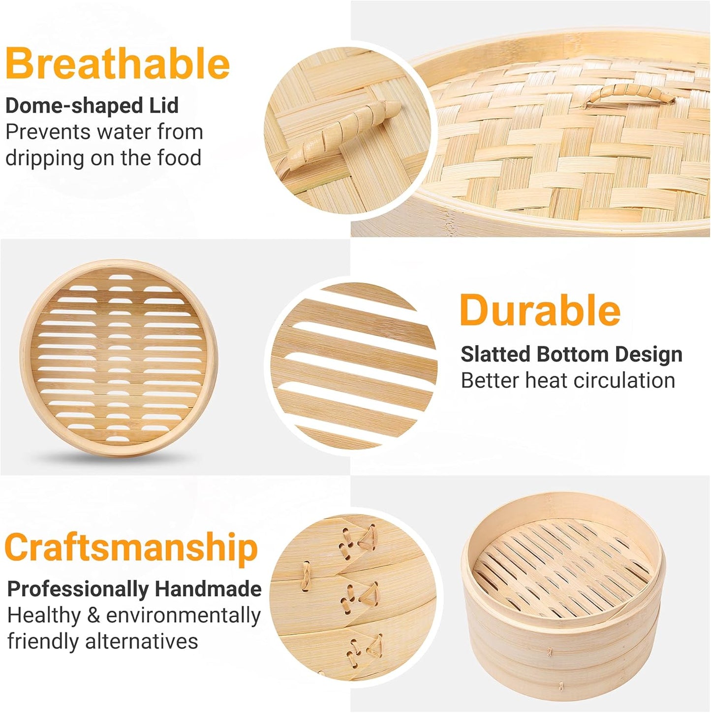 Bamboo Steamer Basket - 10 Inch 2-Tier Bamboo Dumpling Steamer for Cooking Dim Sum, Momo, Rice - Bao Bun - Natural Chinese Steam Baskets with Stainless Steel Ring Set