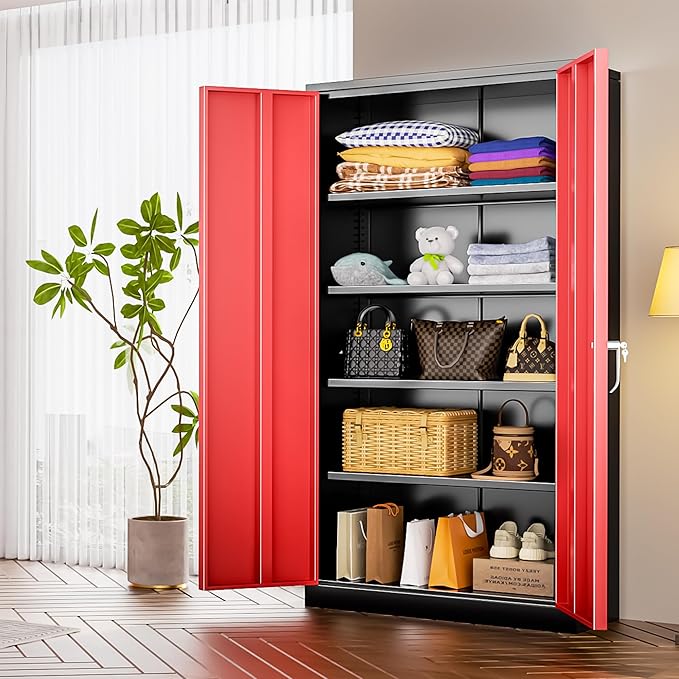 INTERGREAT Metal Storage Cabinets 72” Black Red Garage Steel Storage Cabinet with Doors and Shelves, Steel File Cabinet for Home Office, Basement, Warehouse, Classroom（Anti Tipping）