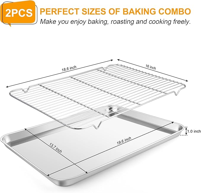 Homikit Baking Sheet Pan with Wire Cooling Rack Set, 20" x 14" Large Nonstick Stainless Steel Cookie Sheets Tray for Oven, Big Metal Bakeware Bacon Pans for Baking Cooking, Dishwasher Safe
