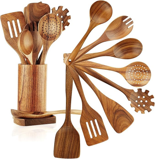 FJNATINH Wooden Spoons for Cooking, 10 Pcs Teak Wooden Cooking Utensil Set with Holder, Wooden Kitchen Utensils Set for Nonstick Pans & Cookware