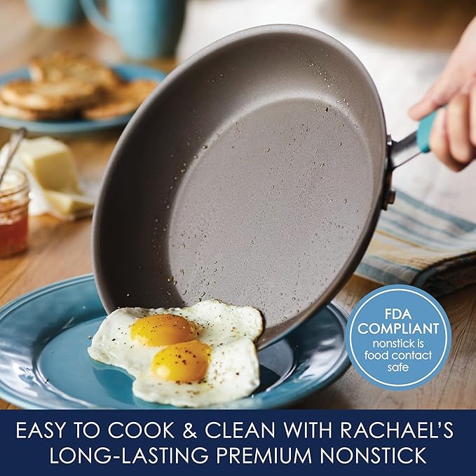 Rachael Ray Cucina Hard Anodized Nonstick Cookware Pots and Pans Set, 12 Piece, Gray with Blue Handles