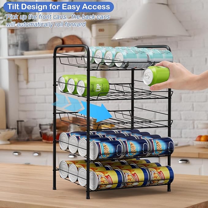 Vrisa 5 Tier Can Organizer for Pantry Can Holders 60 Cans Rack Canned Goods Organizer for Pantry Shelf Stackable Food Organizer Soda Vegetable Can Dispenser for Kitchen Cabinet, Black