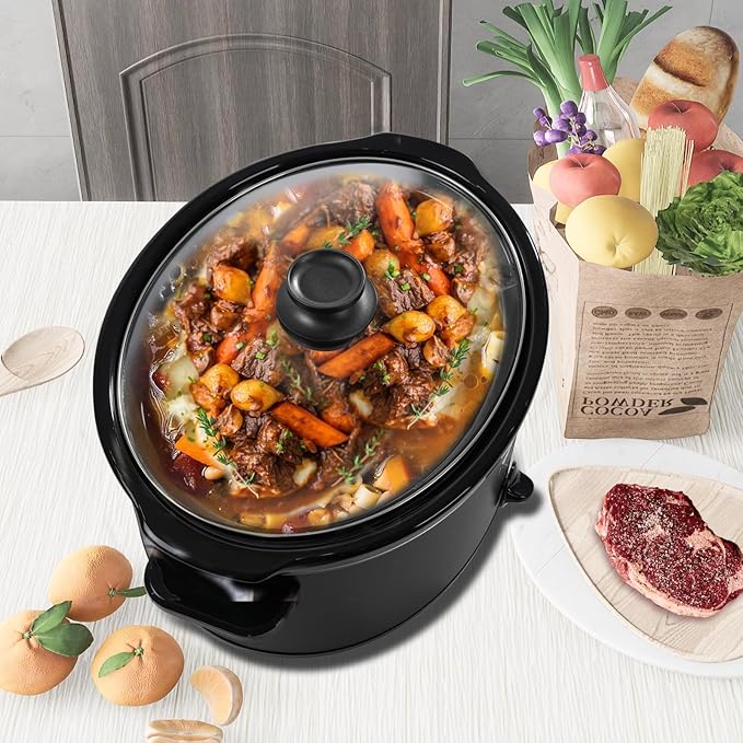 HOMECOOKIN 8 Quart Slow Cooker Oval Manual Pot Food Warmer with 3 Cooking Settings, Black Stainless Steel