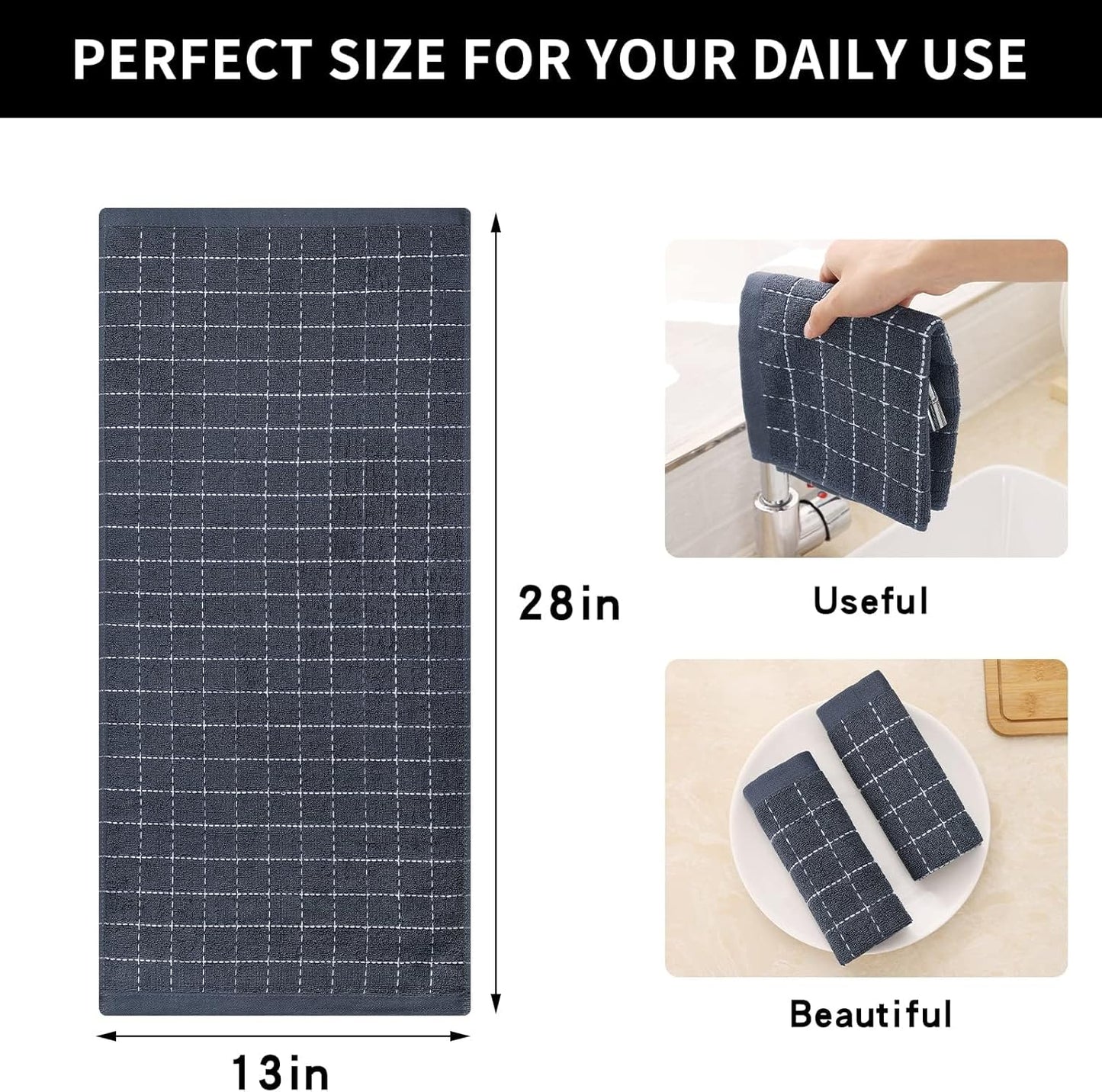 Homaxy 100% Cotton Terry Kitchen Towels(Dark Grey, 13 x 28 inches), Checkered Designed, Soft and Super Absorbent Dish Towels, 12 Pack