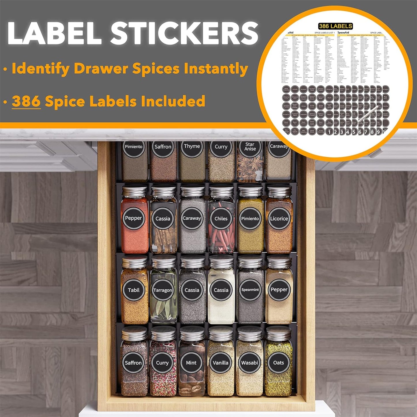 SpaceAid Spice Drawer Organizer with 24 Spice Jars, 386 Spice Labels, 4 Tier Seasoning Rack Tray Insert for Kitchen Drawers, 11.25" Wide x 17.5" Deep