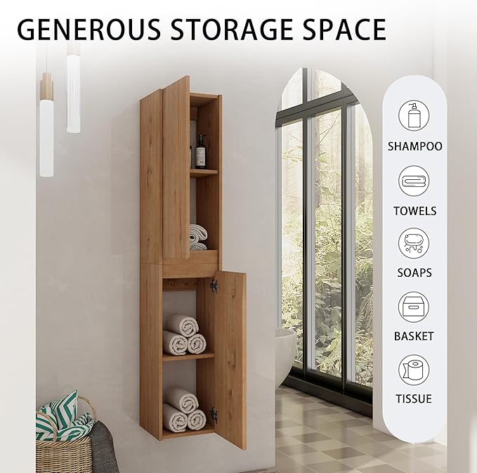 12" Bathroom Cabinet Wall Mounted, Bathroom Medicine Cabinet with 2 Door and 2 Shelf Over The Toilet, Wall Mounted Home Storage Cabinet - Brown