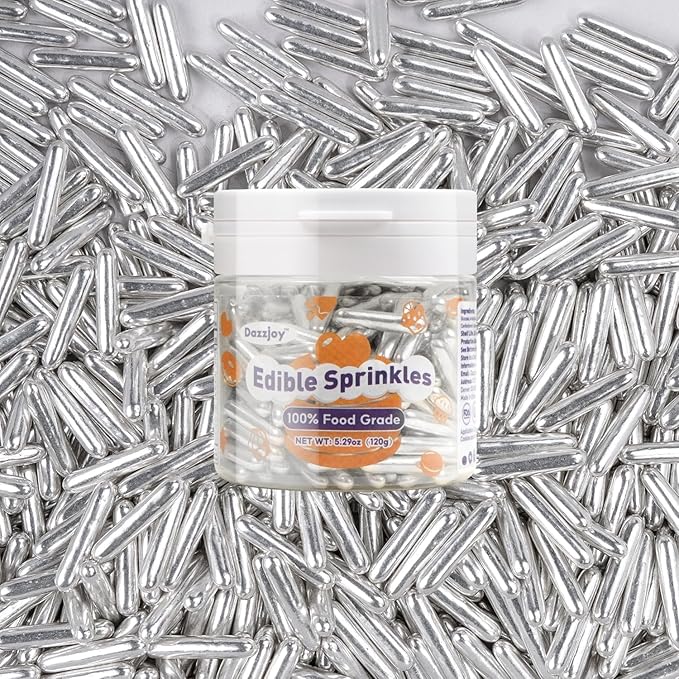 Dazzjoy Silver Rods Sprinkles, Edible Sugar Sprinkles, 120g/4.23oz, Cupcake Toppers, Cake Decorations, Ice Cream, Wedding Party Valentines Easter Supplies