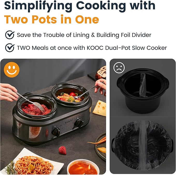KOOC Double Small Slow Cooker, Buffet Server and Warmer, 2 Mini Pots with 3 Individual Adjustable Temp, Dual Ceramic Pots, Free Liners for Easy Clean-up, Stainless Steel, Total 2.5 Quart, Grey, Round