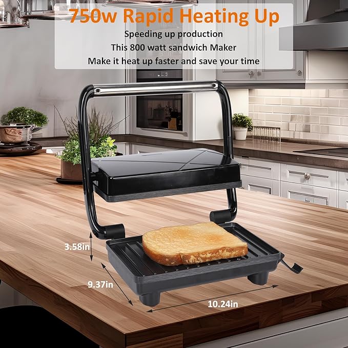 Sandwich Maker Panini Maker Electric Indoor Grill with Non-Stick Coated Plates, Opens 180 Degrees for Any Type or Size Food (H802D)